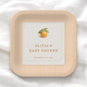 Klein Moppie Oranje Gingham Baby Shower Feestje Papieren Bordje