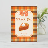 Klein moppie pompoentaart herfst geruit babyshower bedankkaart (Staand voorkant)
