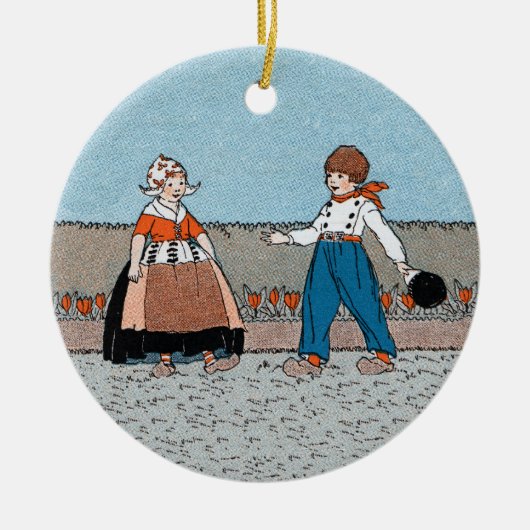 Klein Nederlands Meisje Jongen Klompen Rode Tulpen Keramisch Ornament (Voorkant)