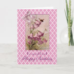 Klein Paarse Bellflower Campanula Friend Birthday Kaart<br><div class="desc">Fijne verjaardag voor een speciale vriend. In het omgekeerde: "Een vriend is een cadeau dat je jezelf geeft." Paarse bloemen of Campanula bloesems door kunstenaar Catharina Klein,  ook bekend als Catharine,  1861-1929. Een paarse satijnstrik voegt een beetje elegantie toe. De achtergrond is een quatrefolieontwerp. Veel plezier.</div>