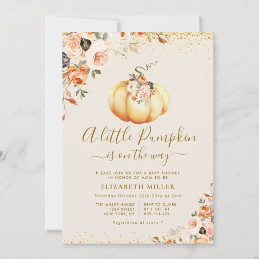 Klein pompoengoud en blush floral baby shower kaart (Voorkant)