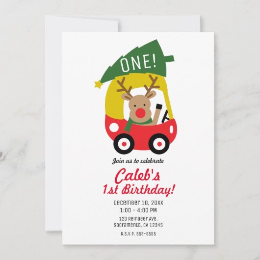 Klein rendier rode auto kerstboom kinderfeestje kaart (Voorkant)