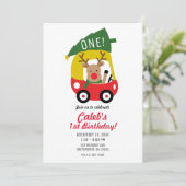 Klein Rendier Rode Auto Kerstboom Kinderfeestje Kaart (Staand voorkant)