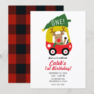 Klein Rendier Rode Auto Kerstboom Kinderfeestje Kaart