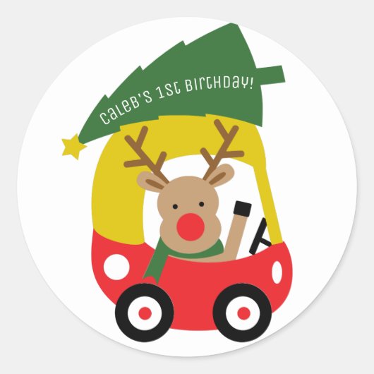 Klein Rendier Rode Auto Kerstboom Kinderfeestje Ronde Sticker (Voorkant)