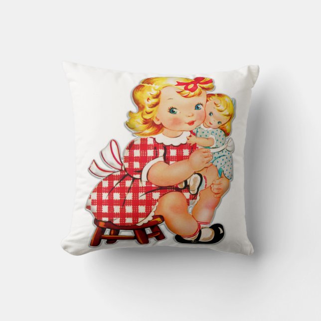 Klein retro vintage meisje met pop kind kussen (Voorkant)