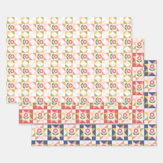 Klein rood bloem quiltblok inpakpapier vel (Set)