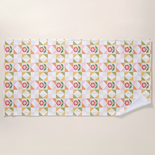 Klein rood bloem quiltblok strandlaken (Voorkant)
