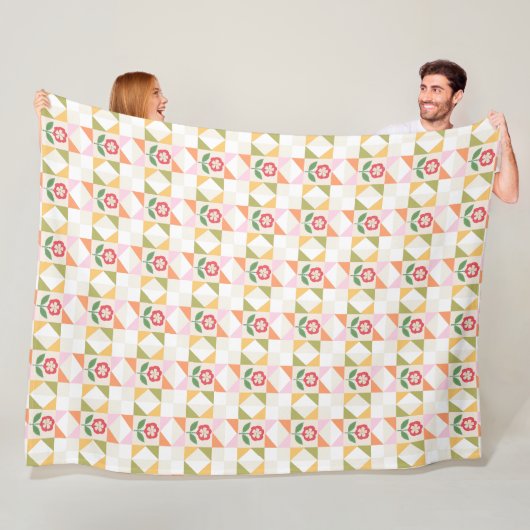 Klein rood bloemen quiltblok fleece deken (In situ)