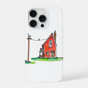 Klein rood huis met elektriciteitsleiding iPhone 15 pro case