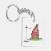 Klein rood huis met elektriciteitsleiding sleutelhanger (Voorkant Links)