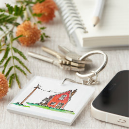 Klein rood huis met elektriciteitsleiding sleutelhanger