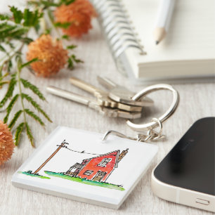 Klein rood huis met elektriciteitsleiding sleutelhanger
