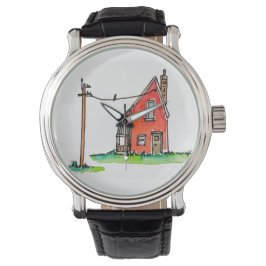 Klein rood huis met hoogspanningslijn horloge