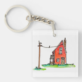 Klein rood huis met hoogspanningslijn sleutelhanger