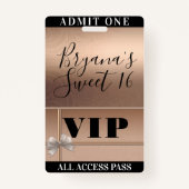 Klein Roos Gold & Bow Sweet 16 Party VIP Pass Badge (Voorkant)