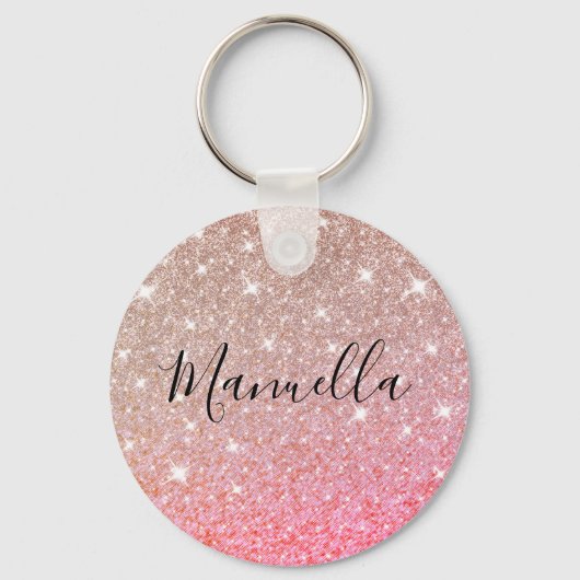 Klein Roos Gold Pink Glitter Custom Name Monogram Sleutelhanger (Voorkant)
