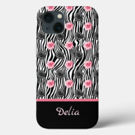 Klein roze en grijs Roos Patroon op zwarte cirkels Case-Mate iPhone Case