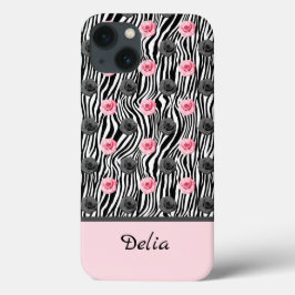 Klein roze en grijs Roos Patroon op zwarte cirkels Case-Mate iPhone 14 Hoesje