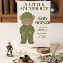 Klein soldaat teddybeer jongen baby shower uitnodi