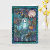 Klein spookje in de bomen Mooie Halloween-kunst Kaart (Gele Bloem)