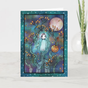 Klein spookje in de bomen Mooie Halloween-kunst Kaart