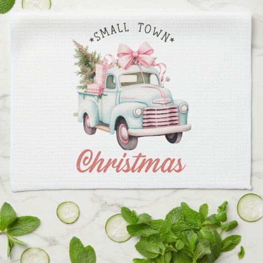 Klein stadje kerst roze vrachtwagen kerst theedoek (Gevouwen)