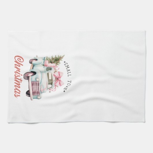 Klein stadje kerst roze vrachtwagen kerst theedoek (Horizontaal)