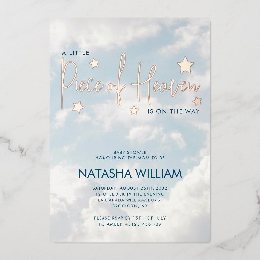 Klein stukje hemel Hemelblauwe wolken Babyfeestje Folie Uitnodiging (Voorkant)