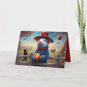 Klein varken in rood en blauwpak verjaardag feestdagen kaart