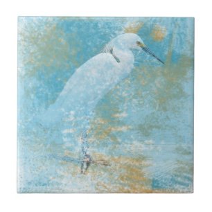 Klein vierkant, geverfd Snowy Egret Tegeltje