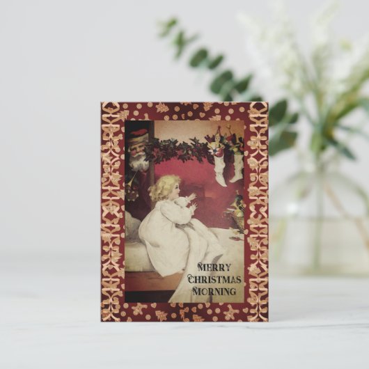 Klein vintage meisje kerstochtend Sinterklaas Briefkaart (Staand voorkant)