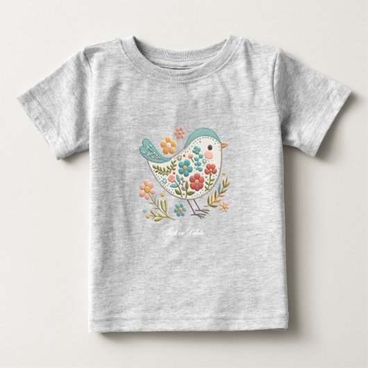Klein Vogeltje Blauwe Roze Bloemen Baby T-Shirt (Voorkant)