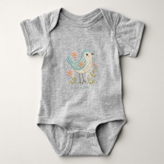 Klein Vogeltje Bloemengeborduurd Groene Baby Body Romper (Voorkant)