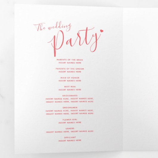 Klein wit hartschrift koraalwitte bruiloft drieluik programma (Binnenzijde eerst)