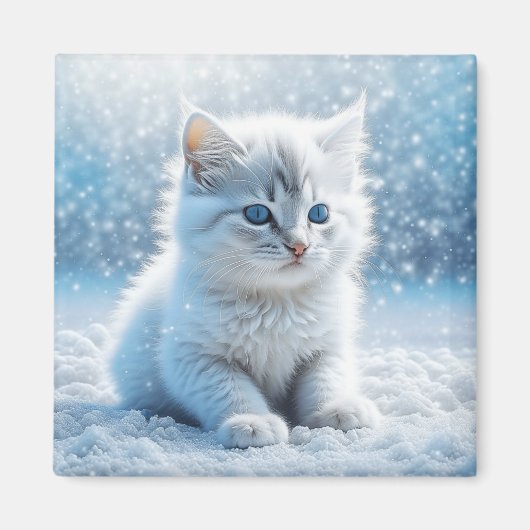 Klein Witte Katje in Sneeuw Kerstmis Magneet (Voorkant)
