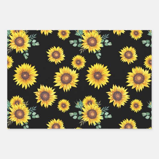 Klein zonnebloempatroon op zwarte achtergrond inpakpapier vel (Voorkant 3)