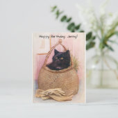 Klein zwart Kat in mand in de buurt van tuinieren Briefkaart (Staand voorkant)