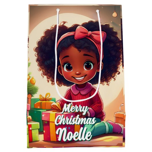 Klein zwart meisje dat cadeaus opent medium cadeauzakje (Achterkant)