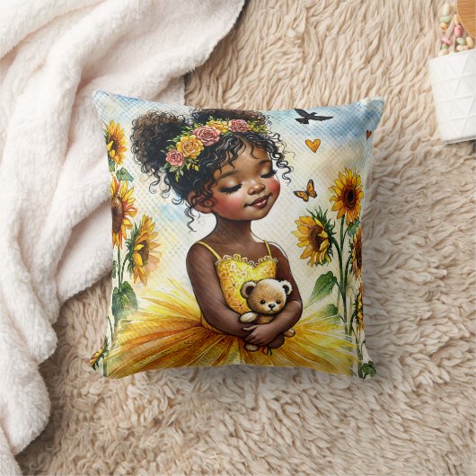 Klein zwart meisje met zonnebloemen en teddybeer kussen (Deken)