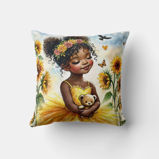 Klein zwart meisje met zonnebloemen en teddybeer kussen (Achterkant)