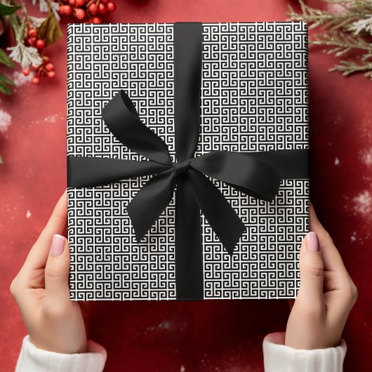Klein zwart-wit Grieks sleutelpatroon Cadeaupapier