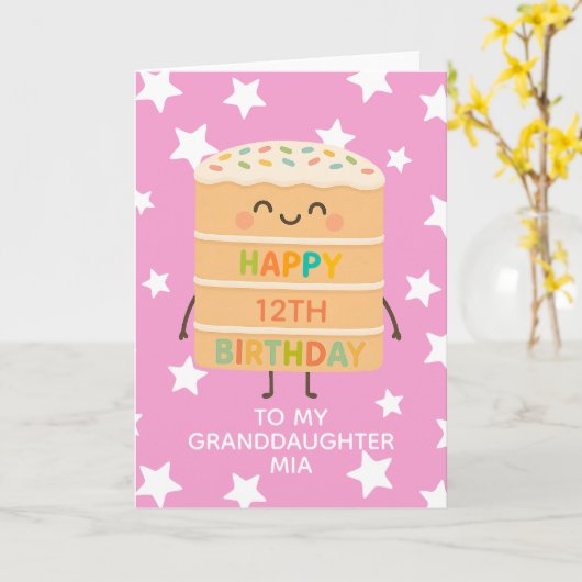 Kleindochter 12e Verjaardag Roze Schattigee Cake C Kaart (Gele Bloem)