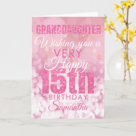 Kleindochter 15e Girly Pink Glitter Verjaardag Kaart (Gele Bloem)