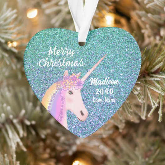 Kleindochter Blauwgroen Blue Glitter Unicorn Name  Ornament (Boom)