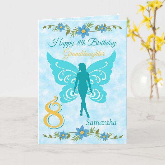 Kleindochter Blue Fairy 8e verjaardag Kaart (Gele Bloem)