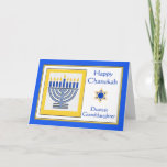 Kleindochter Chanoeka Hedendaagse Menorah Kaart<br><div class="desc">Gelukkige Chanoeka Liefste Kleindochter,  hedendaagse menora met blauwe kaarsen,  papieren wenskaart. Digitale illustratie met een verlichte menora en een davidster. Copyright op kunst,  afbeelding en vers © Shoaff Ballanger Studios,  2024.</div>