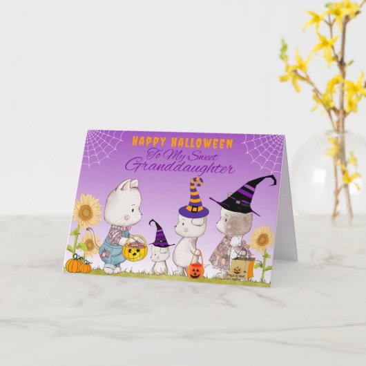 Kleindochter Cute Cats en Dogs Halloween Kaart (Gele Bloem)