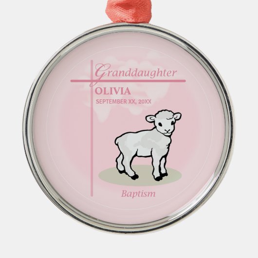Kleindochter Doop Roze Meisje Lam Naam en datum Metalen Ornament (Voorkant)