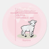Kleindochter Doop Roze Meisje Lam Naam en datum Ronde Sticker (Voorkant)